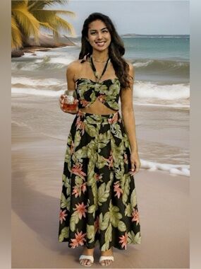 💗Price Drop💗Tropical Leaf Print Wide Leg Pants & Bandanna Top (2 pc Set)